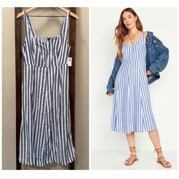 Old Navy Dresses & Skirts - NWT Old Navy Fit & Flare Linen-Blend Midi Dress – Blue Stripe